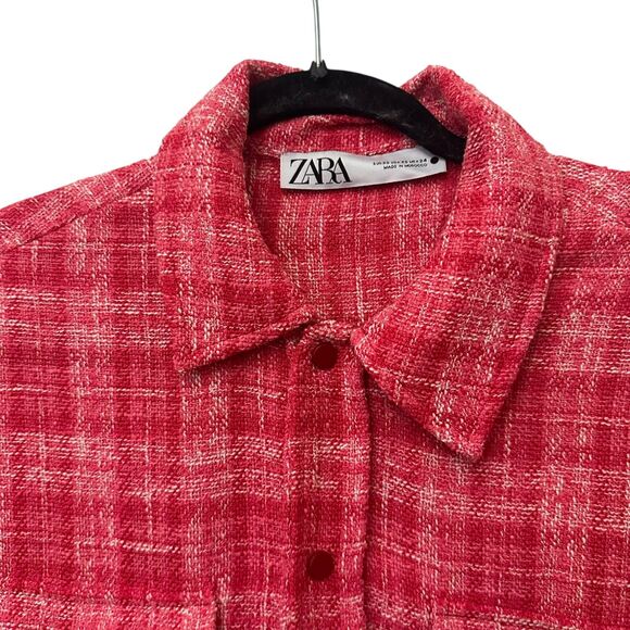 ZARA Tweed Plaid Oversized Shacket Red XS - Picture 3 of 5